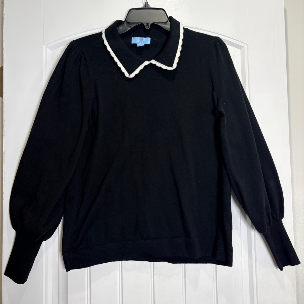 CeCe Scalloped Collar Sweater Womens Medium Black Puff Sleeve Knit Top